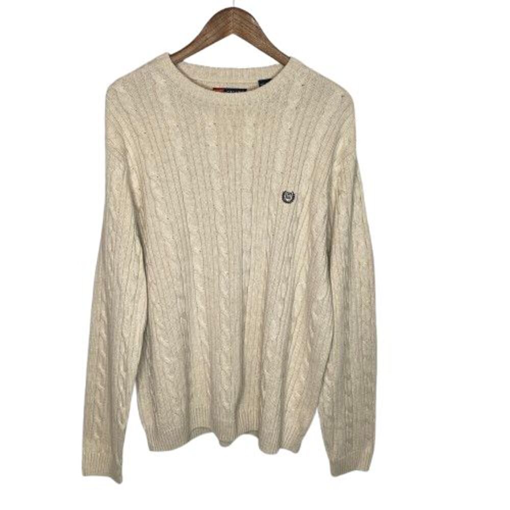 Chaps Mens Cable Knit Fisherman Sweater Size XL Cream Preppy Old Money Crew Neck